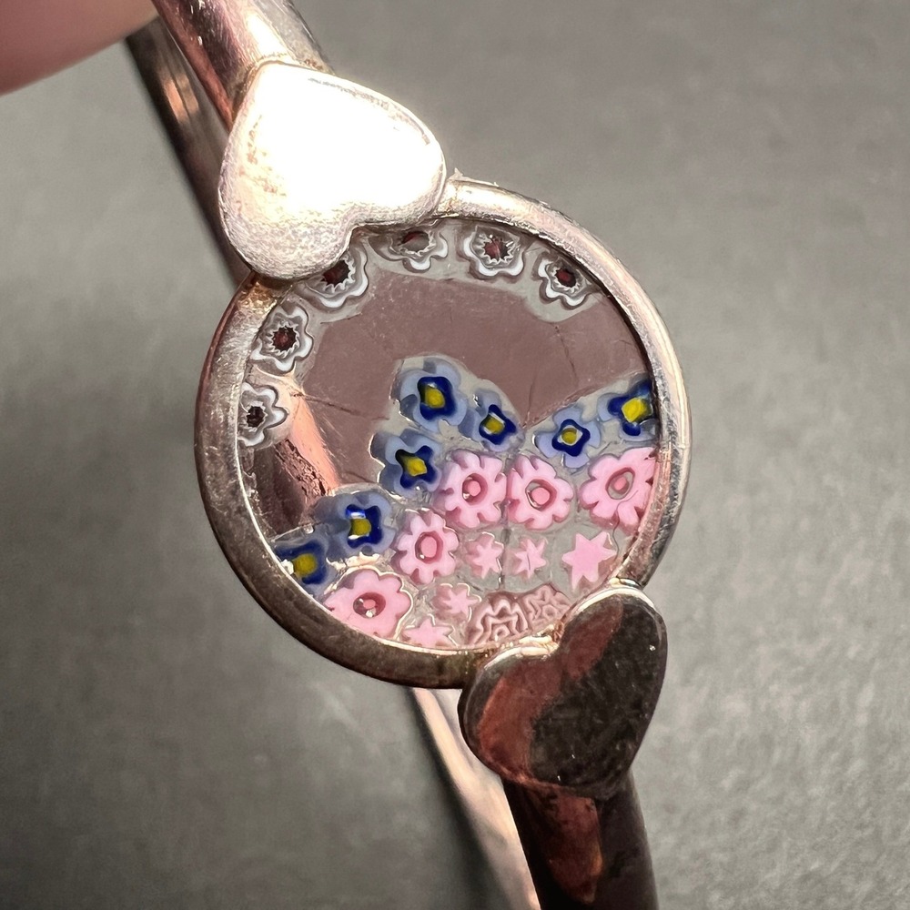 Vintage Millefiori Bracelet Silver Plated Pink‎ Floral Art Glass Italy 6.75"